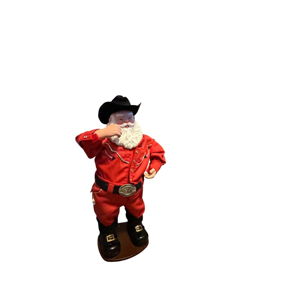 Cowboy Santa Figurine Western Christmas Decor Red Shirt Black Hat 10 Inch